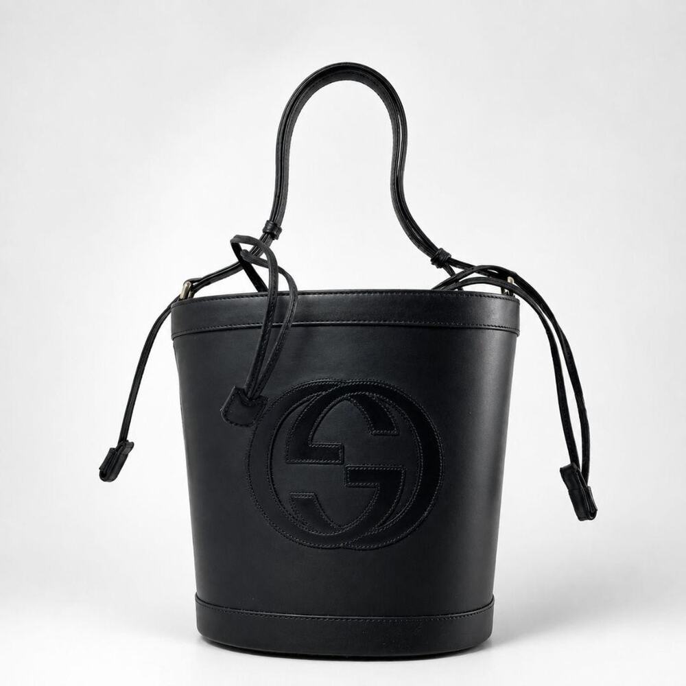 Vintage Gucci Black Leather Interlocking G Bucket Bag - Picture 2 of 12